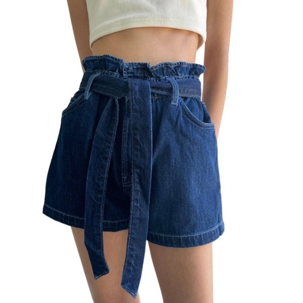 OAK + FORT WOMENS PAPERBAG DENIM TIE WAIST HIGH WAIST SHORTS 100% COTTON SIZE S